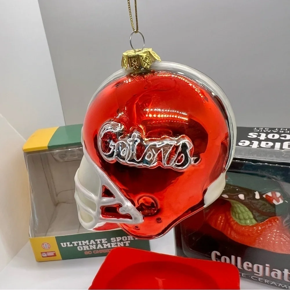 Florida Gators Christmas Ornaments Lot, 2 Ceramic Mascots, 1 Helmet SEC NCAA NIB